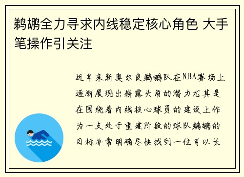 鹈鹕全力寻求内线稳定核心角色 大手笔操作引关注